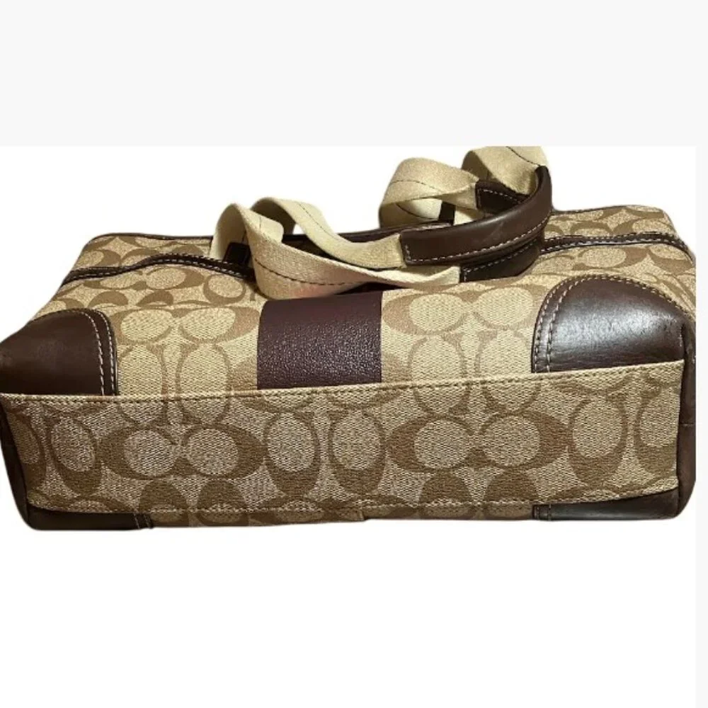 Coach Brown Signature Coated Canvas Leather Heritage Stripe Vintage Tote EUC